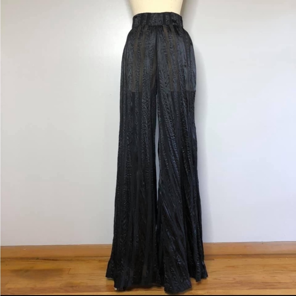 Black sheer striped wide leg high waisted pants short beige lining
